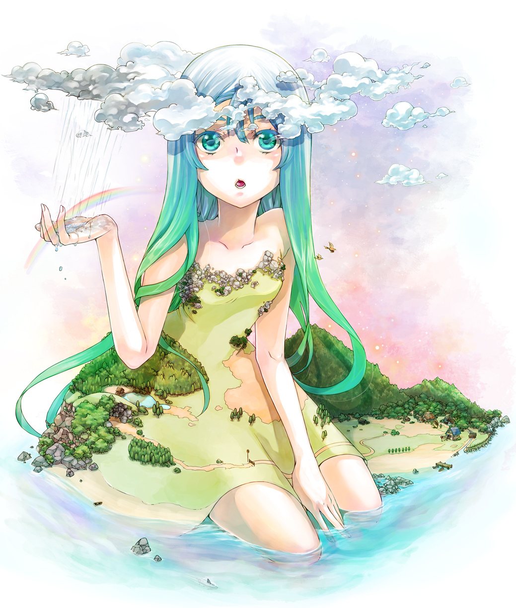 aqua_eyes, aqua_hair, blue_hair, cloud, clouds, colored_eyelashes, eyelashes, forest