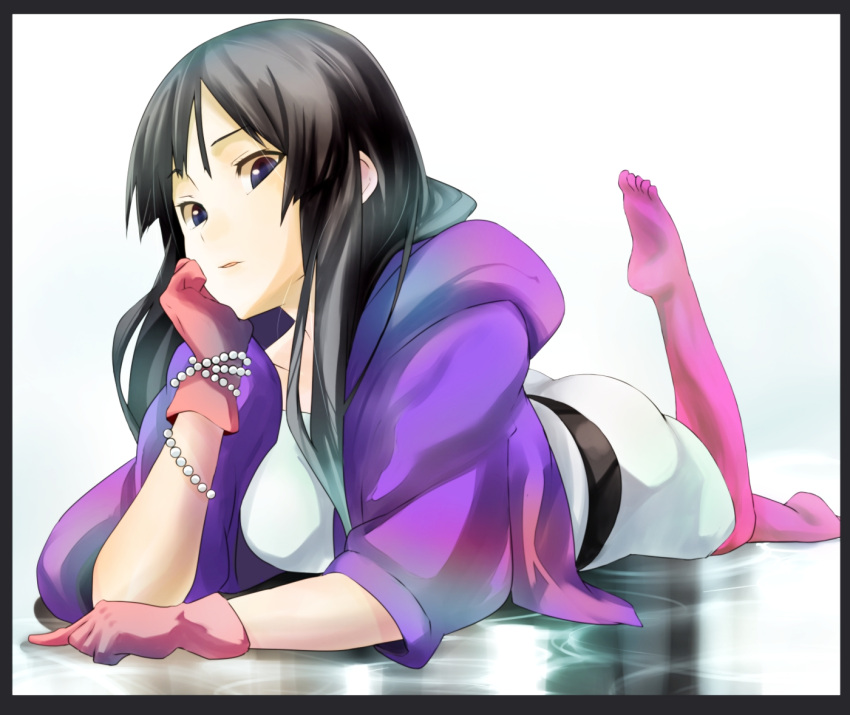 bad_id, black_eyes, black_hair, chin_rest, foreshortening, gloves, hoodie, jewelry, k-on!, leg_up, long_hair, lying, no_shoes, no_thank_you, no_thank_you!, nuezou, on_stomach, pantyhose, pink_legwear, pink_pantyhose, solo
