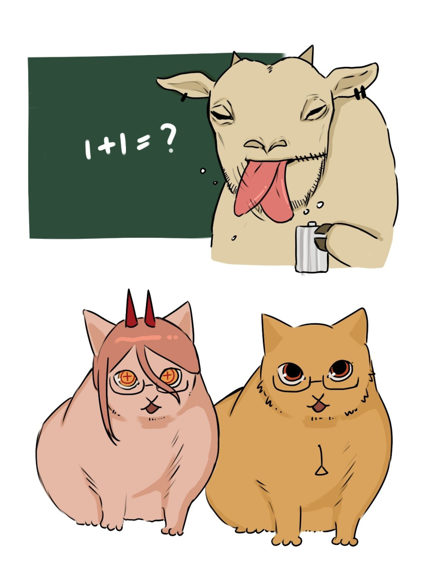 +_+, 1girl, 2boys, bottle, chainsaw_man, chalkboard, dolphin_cat, glasses