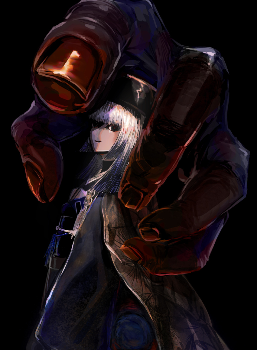 1girl, absurdres, black_background, black_eyes, black_headwear, black_kimono, chajinbou, commentary, fate/grand_order, fate_(series), ghost_hands, giant_hand, highres, japanese_clothes, kimono, looking_at_viewer, parted_lips, pistachiohyeah, sen_no_rikyu_(fate), simple_background, smile, solo, symbol-only_commentary, white_hair