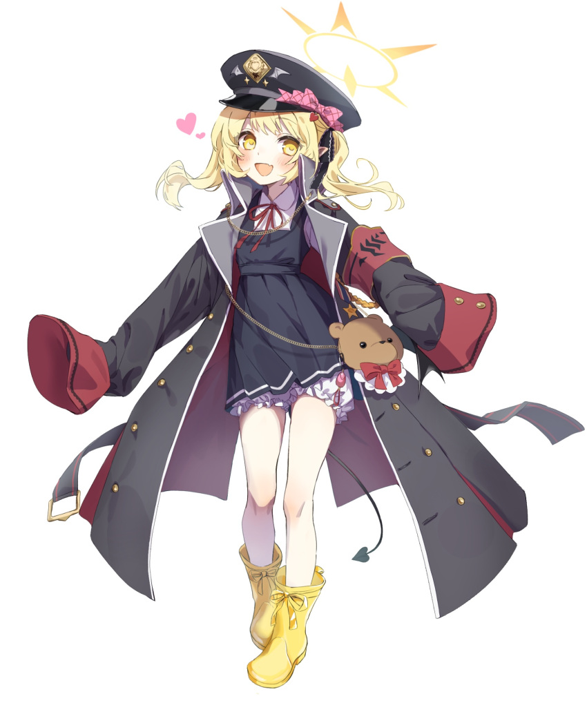 1girl, :d, armband, black_coat, black_dress, black_headwear, black_ribbon, black_tail