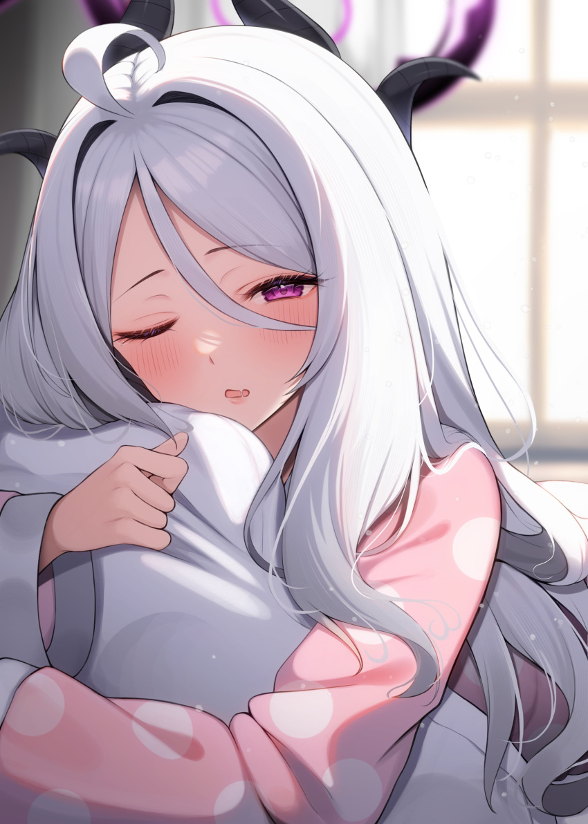 1girl, absurdres, black_halo, black_horns, blue_archive, blurry, blurry_background, blush