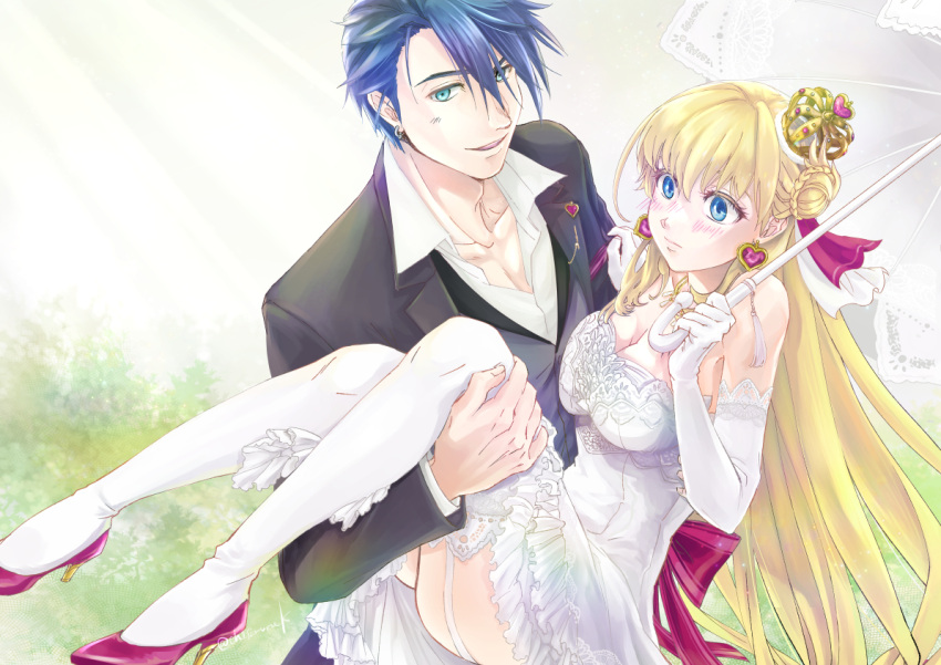 1boy, 1girl, agnes_claudel, blue_eyes, blush, bow, breasts, carrying
