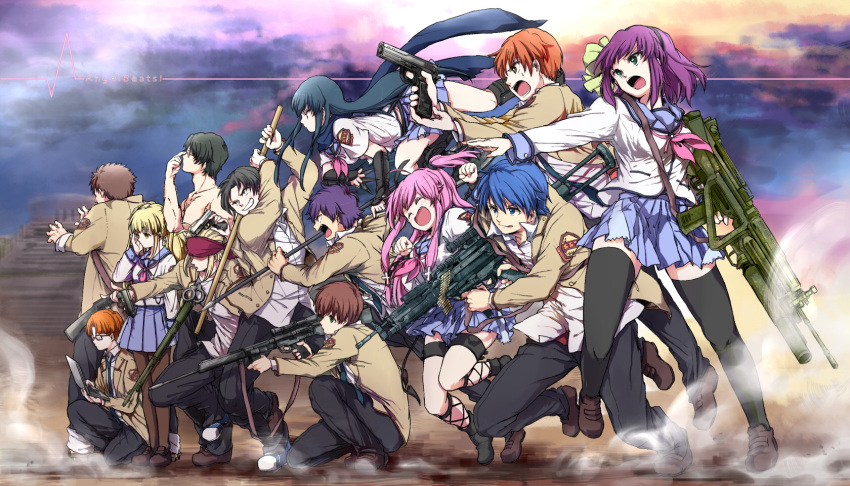 adjusting_glasses, ammunition, angel_beats!, bandana, black_hair, black_legwear, black_thighhighs, blazer