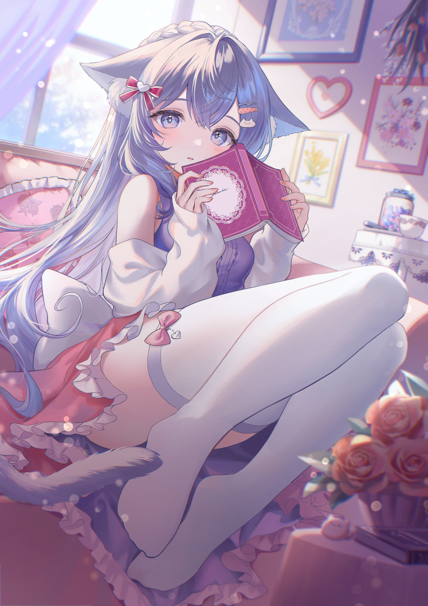 1girl, absurdres, animal_ears, blue_curtains, book, butterfly_net, cat_ears, cat_tail, cup, curtains, dress, flower, glass, hand_net, highres, hiiragisoyogi, holding, holding_book, knot, long_hair, original, picture_frame, pink_dress, pink_flower, pink_rose, purple_hair, rose, sitting, skirt, socks, sunlight, tail, teacup, violet_eyes, white_skirt, white_socks, window