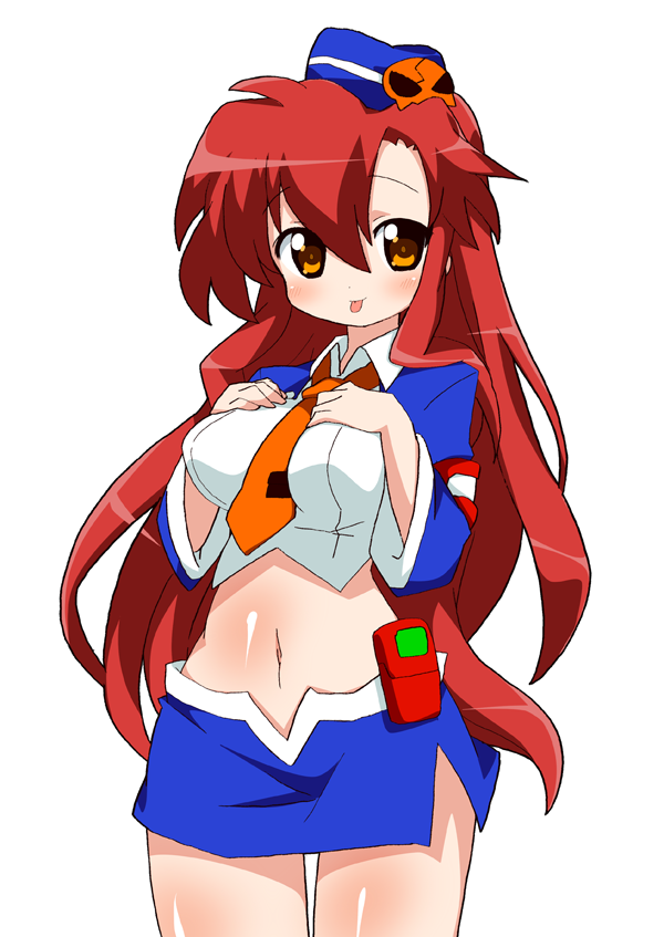 breasts, chibi, crop_top, garrison_cap, hat, large_breasts, long_hair, midriff, miniskirt, navel, necktie, pieces_of_sweet_stars, red_hair, redhead, skirt, tengen_toppa_gurren_lagann, tongue, uniform, very_long_hair, yellow_eyes, yoko_littner, youri19