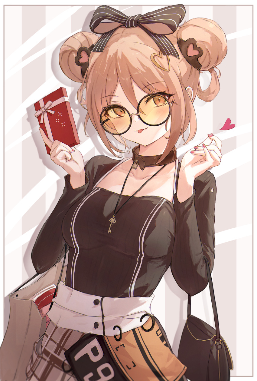 1girl, :p, bag, black_shirt, bow, box, breasts, brown_eyes