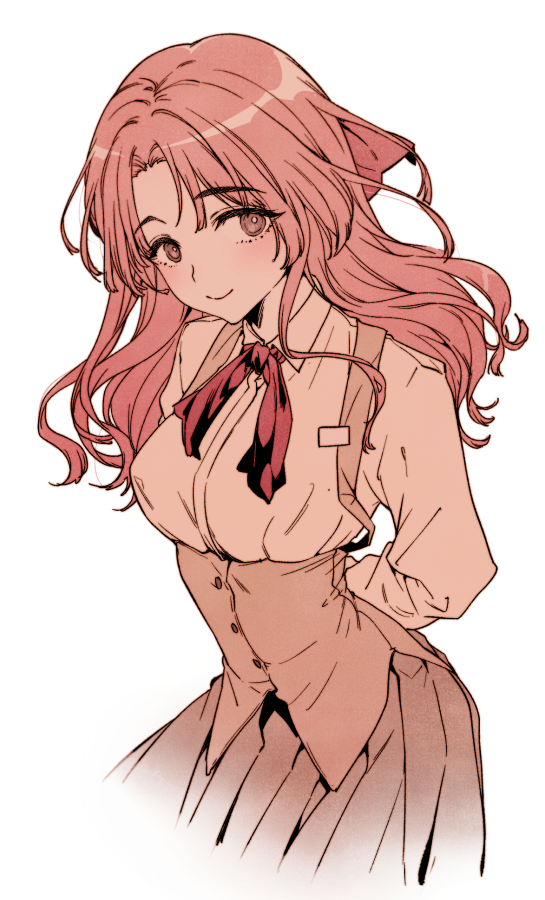 1girl, arms_behind_back, blush, bow, collared_shirt, eiji_saeki, hair_bow, long_hair, looking_at_viewer, neck_ribbon, ribbon, sayonara_wo_oshiete, school_uniform, shirt, skirt, smile, solo, ueno_koyori, underbust, vest