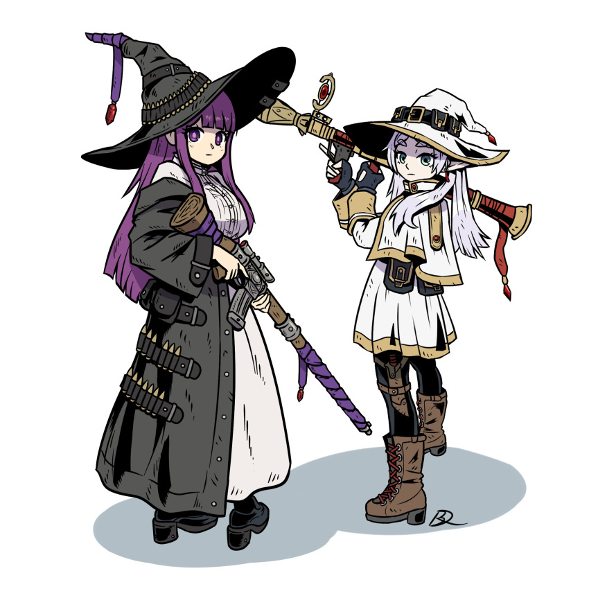 2girls, absurdres, boots, breasts, bullet, capelet, dress, elf, fern_(sousou_no_frieren), fingerless_gloves, frieren, full_body, gloves, green_eyes, gun, hat, highres, holding, holding_gun, holding_weapon, jacket, kabewski, large_breasts, long_hair, looking_at_viewer, multiple_girls, pantyhose, photo-referenced, pointy_ears, pouch, purple_hair, rifle, rocket_launcher, rpg-7, rpg_(weapon), scope, shadow, signature, simple_background, sniper_rifle, solo, sousou_no_frieren, standing, trigger_discipline, twintails, violet_eyes, weapon, white_background, white_hair, witch_hat