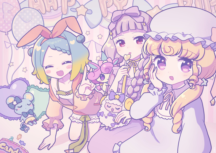 3girls, ^_^, balloon, blonde_hair, blue_dress, blue_hair, blunt_bangs, blush