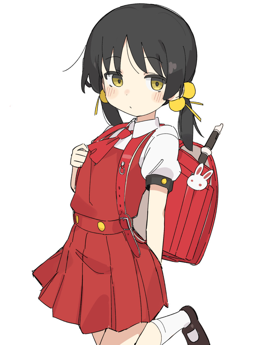 1girl, ah-software, ascot, backpack, bag, dress, expressionless, flute