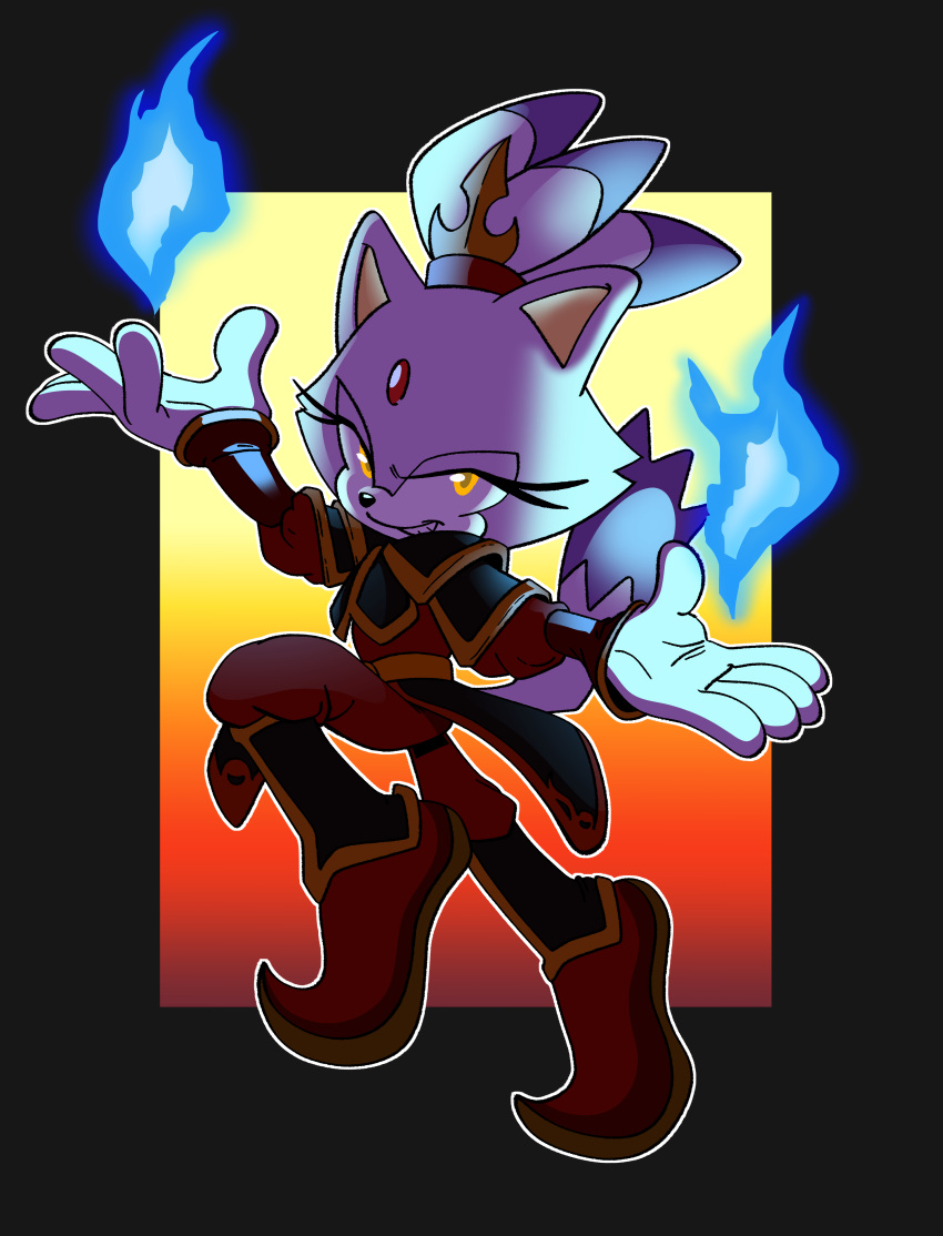 1girl, absurdres, animal_ears, avatar:_the_last_airbender, avatar_legends, azula, azula_(cosplay), blaze_the_cat, blue_fire, cat_ears, cat_girl, cat_tail, chinese_clothes, cosplay, fire, forehead_jewel, furry, furry_female, gloves, highres, looking_at_viewer, novika, ponytail, sonic_(series), tail, white_gloves, yellow_eyes