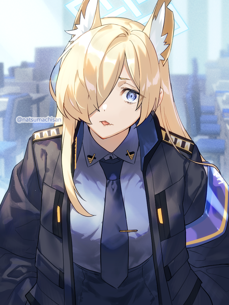 1girl, :<, :p, animal_ear_fluff, animal_ears, armband, blonde_hair, blue_archive