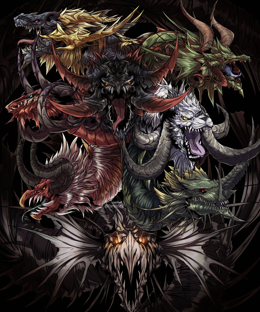 absurdres, animal_focus, artist_name, azdaja_(ff14), bahamut_(final_fantasy), black_background, blue_eyes, commentary