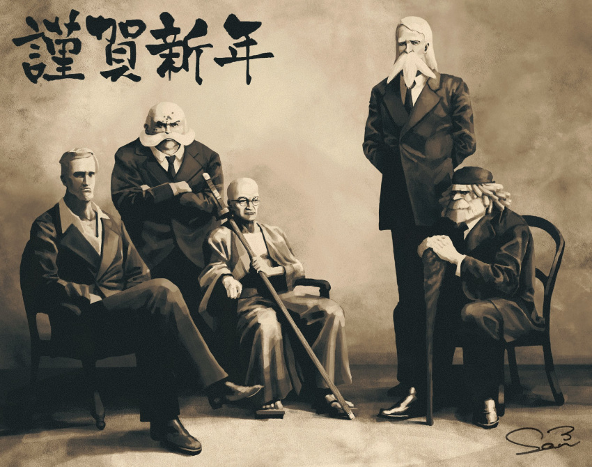 5boys, arms_behind_back, bald, beard, black_necktie, black_suit, blonde_hair, cane