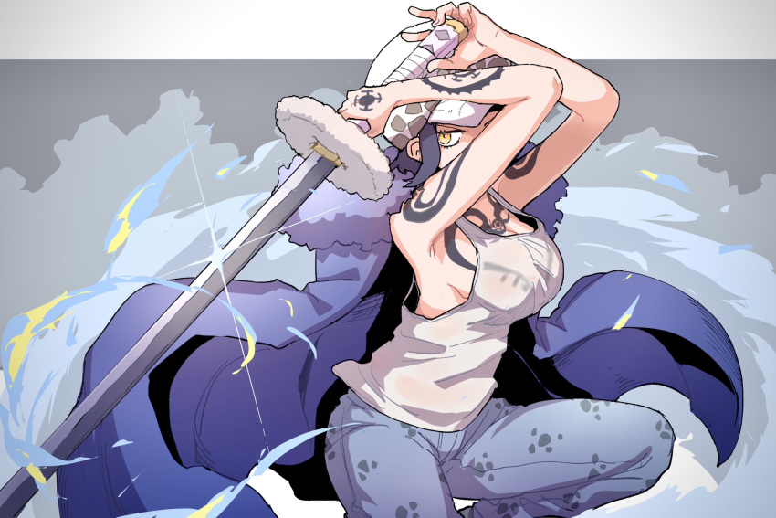 1girl, arm_tattoo, arms_up, blue_hair, border, chest_tattoo, dark_blue_hair, denim