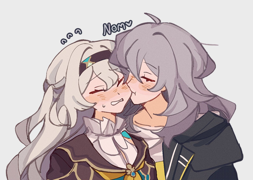 2girls, biting, black_hairband, black_jacket, blush, cheek_biting, closed_eyes, collar