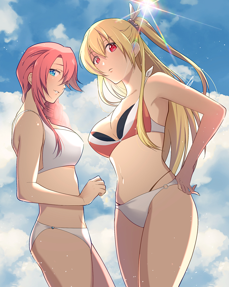 2girls, alisa_reinford, bikini, blonde_hair, blue_eyes, blue_sky, braid, braided_ponytail