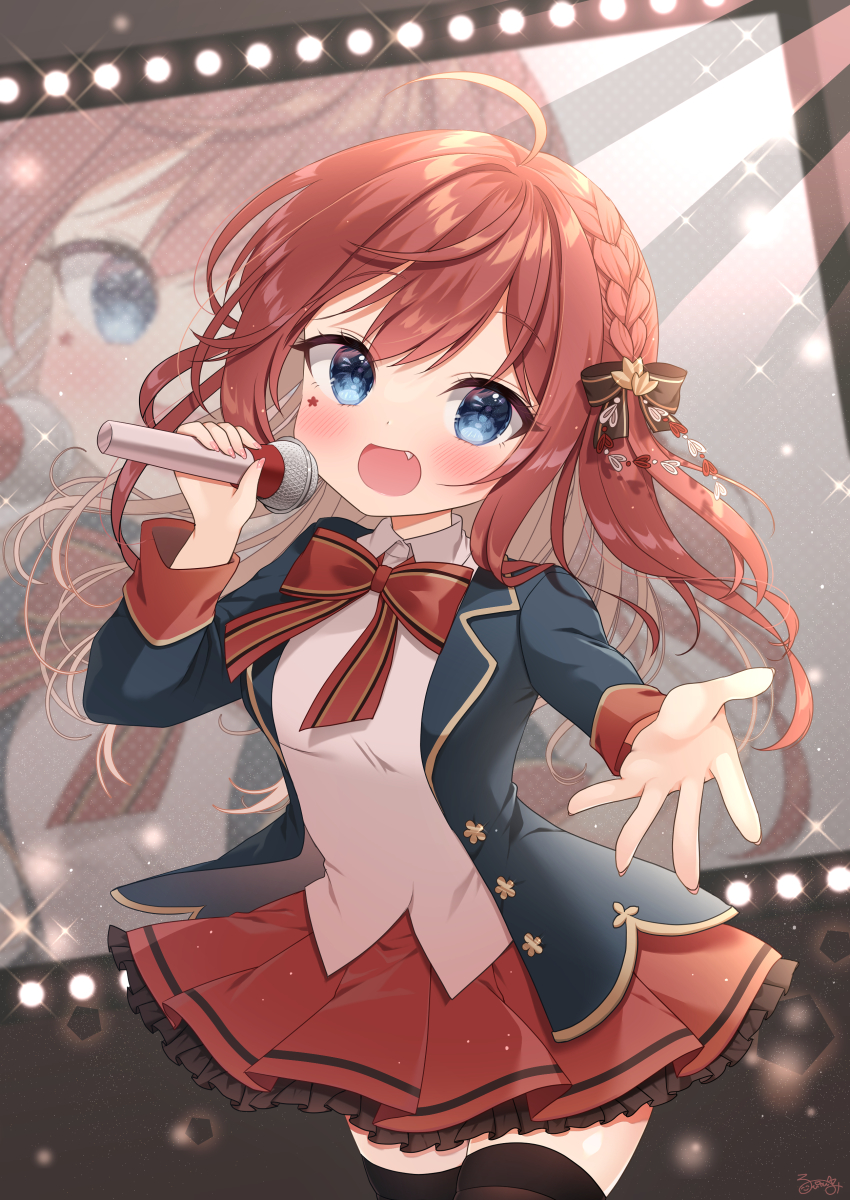 1girl, ahoge, black_bow, black_thighhighs, blue_eyes, blue_jacket, bow, braid