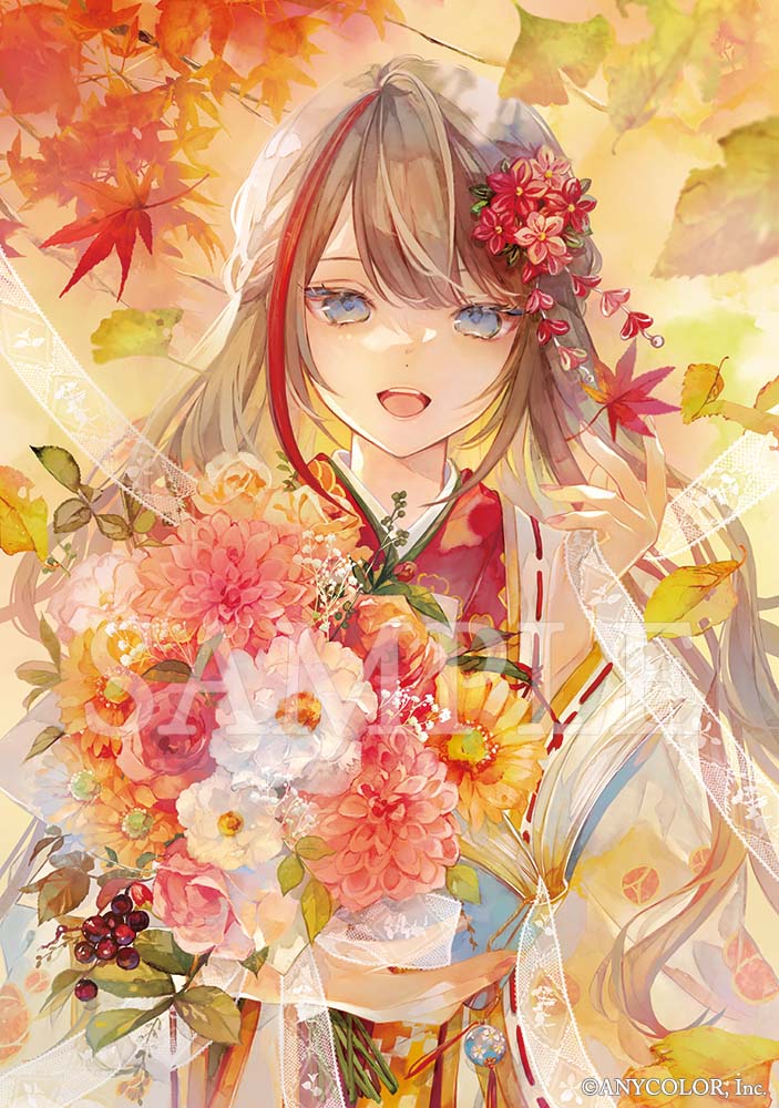 1girl, :d, berry, blue_eyes, brown_hair, copyright_name, dot_nose, falling_leaves, flower, hair_flower, hair_ornament, japanese_clothes, kimono, kurusu_natsume, kurusu_natsume_(2nd_costume), lace, leaf, multicolored_hair, nijisanji, niwa_haruki, official_art, open_mouth, orange_flower, red_flower, red_kimono, redhead, sample_watermark, smile, solo, streaked_hair, teeth, tongue, upper_teeth_only, watermark, white_flower, wide_sleeves, yellow_flower
