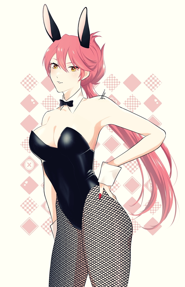 animal_ears, black_leotard, bow, bowtie, breasts, cleavage_cutout, clothing_cutout, detached_collar