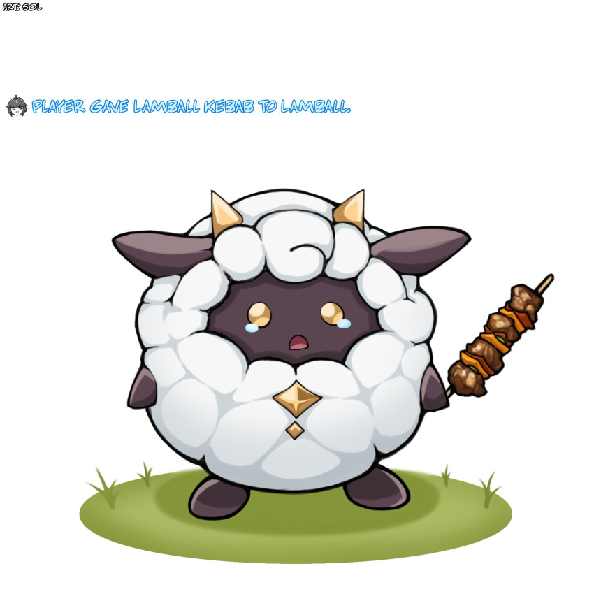 1other, english_commentary, english_text, food, full_body, grass, highres, holding
