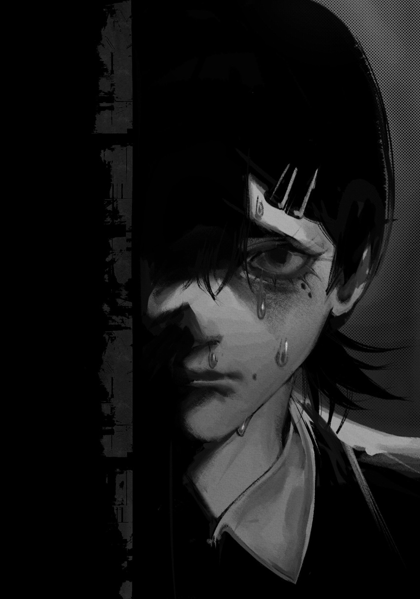 1girl, burgertingz, chainsaw_man, collared_shirt, crying, greyscale, hair_ornament, hairclip