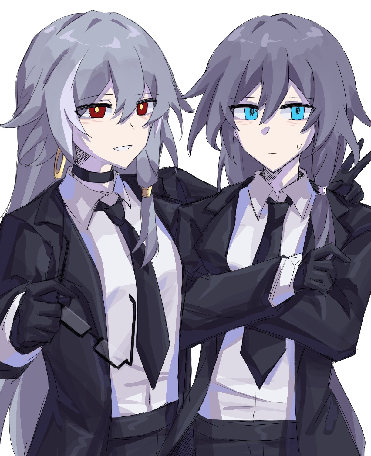 alternate_costume, arm_on_another's_shoulder, black_gloves, black_jacket, black_sleeves, black_suit, blue_eyes, blue_hair, closed_mouth, crossed_arms, fu_hua, fu_hua_(herrscher_of_sentience), gloves, grey_hair, hair_between_eyes, highres, honkai_(series), honkai_impact_3rd, jacket, lienai9, long_hair, long_sleeves, low-tied_long_hair, low_ponytail, multicolored_hair, open_clothes, open_jacket, ponytail, red_eyes, shirt, simple_background, streaked_hair, suit, sweat, unworn_eyewear, white_background, white_hair, white_shirt, yellow_pupils