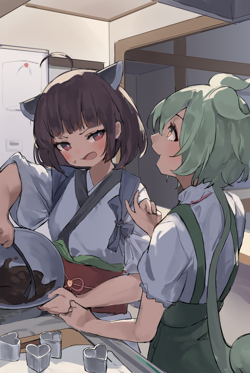 2girls, ahoge, architecture, blush, bowl, brown_hair, chocolate_making, chocolate_mold, east_asian_architecture, finger_counting, frown, glaring, green_hair, hand_up, headgear, highres, holding, holding_bowl, indoors, japanese_clothes, kimono, kitchen, long_hair, looking_at_another, looking_up, low_ponytail, medium_hair, mixing_bowl, multiple_girls, obi, obiage, obijime, open_mouth, pocche-ex, puffy_short_sleeves, puffy_sleeves, red_eyes, sash, shirt, short_sleeves, sleeves_rolled_up, smile, suspenders, sweatdrop, tasuki, touhoku_kiritan, v-shaped_eyebrows, voiceroid, voicevox, white_kimono, white_shirt, zundamon