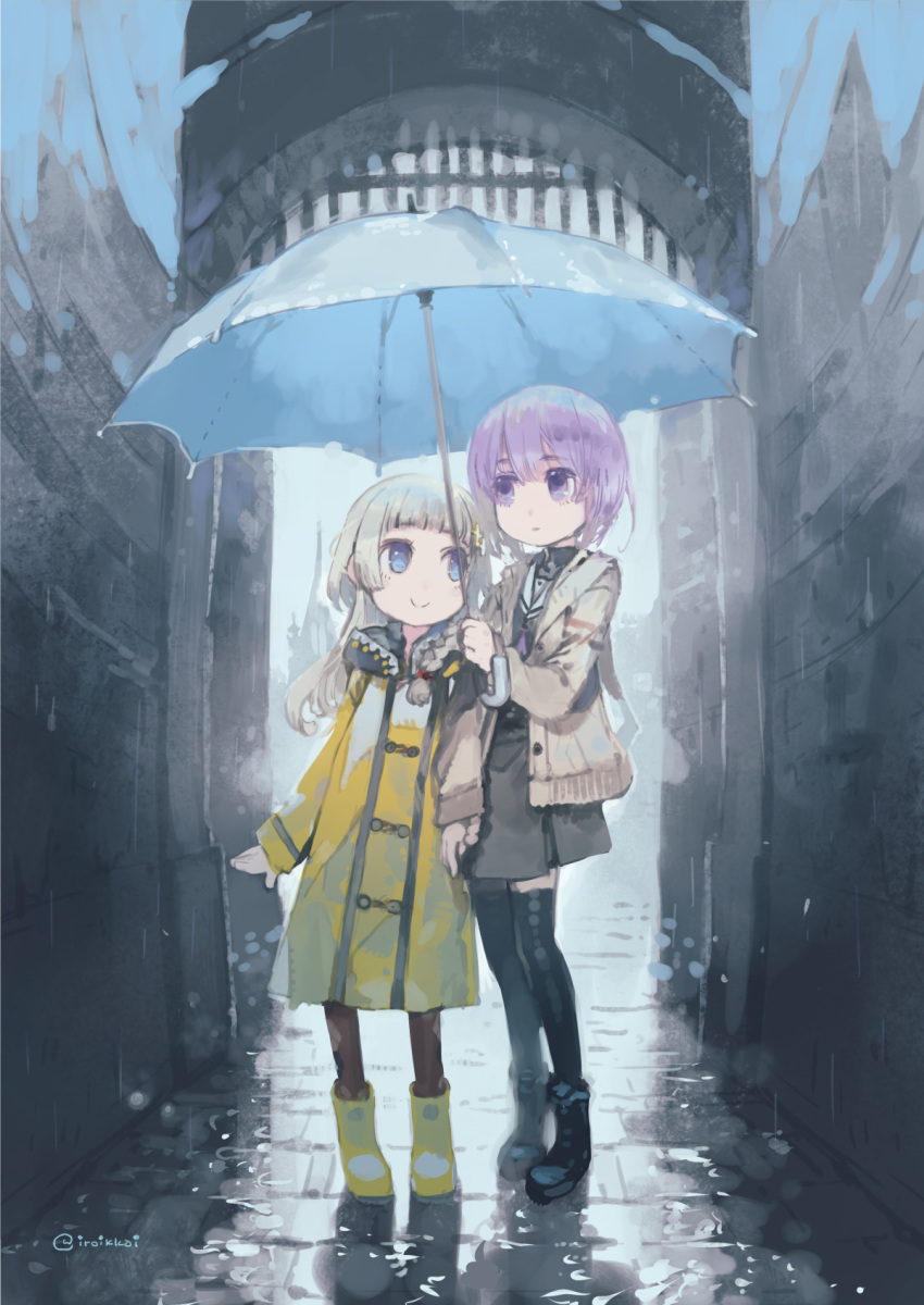 2girls, a.i._voice, alley, black_footwear, black_thighhighs, black_undershirt, blunt_bangs, bob_cut, boots, brick_road, brown_cardigan, cardigan, closed_mouth, commentary_request, commission, day, expressionless, eye_contact, full_body, gate, grey_hair, grey_serafuku, grey_skirt, highres, holding, holding_hands, holding_umbrella, hood, hood_down, hooded_coat, iroikkai, kizuna_akari, kizuna_akari_(tsubomi), long_hair, long_sleeves, looking_at_another, multiple_girls, open_cardigan, open_clothes, outdoors, purple_hair, rain, raincoat, reflective_ground, rubber_boots, school_uniform, serafuku, shared_umbrella, short_hair, skeb_commission, skirt, smile, standing, thigh-highs, umbrella, violet_eyes, voiceroid, wet_ground, yellow_raincoat, yuzuki_yukari, yuzuki_yukari_(shizuku)