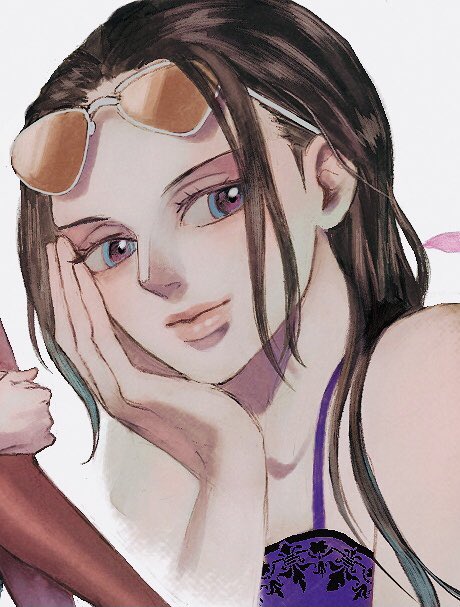1girl, black_hair, blue_eyes, close-up, dress, eyewear_on_head, hand_on_own_cheek, hand_on_own_face, looking_to_the_side, nico_robin, one_piece, petals, pink_lips, purple_dress, sidelocks, simple_background, sleep_humubo, smile, solo