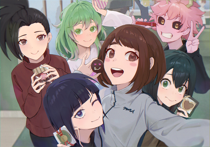 3boys, 6+girls, ashido_mina, asui_tsuyu, black_eyes, black_hair, black_jacket, boku_no_hero_academia