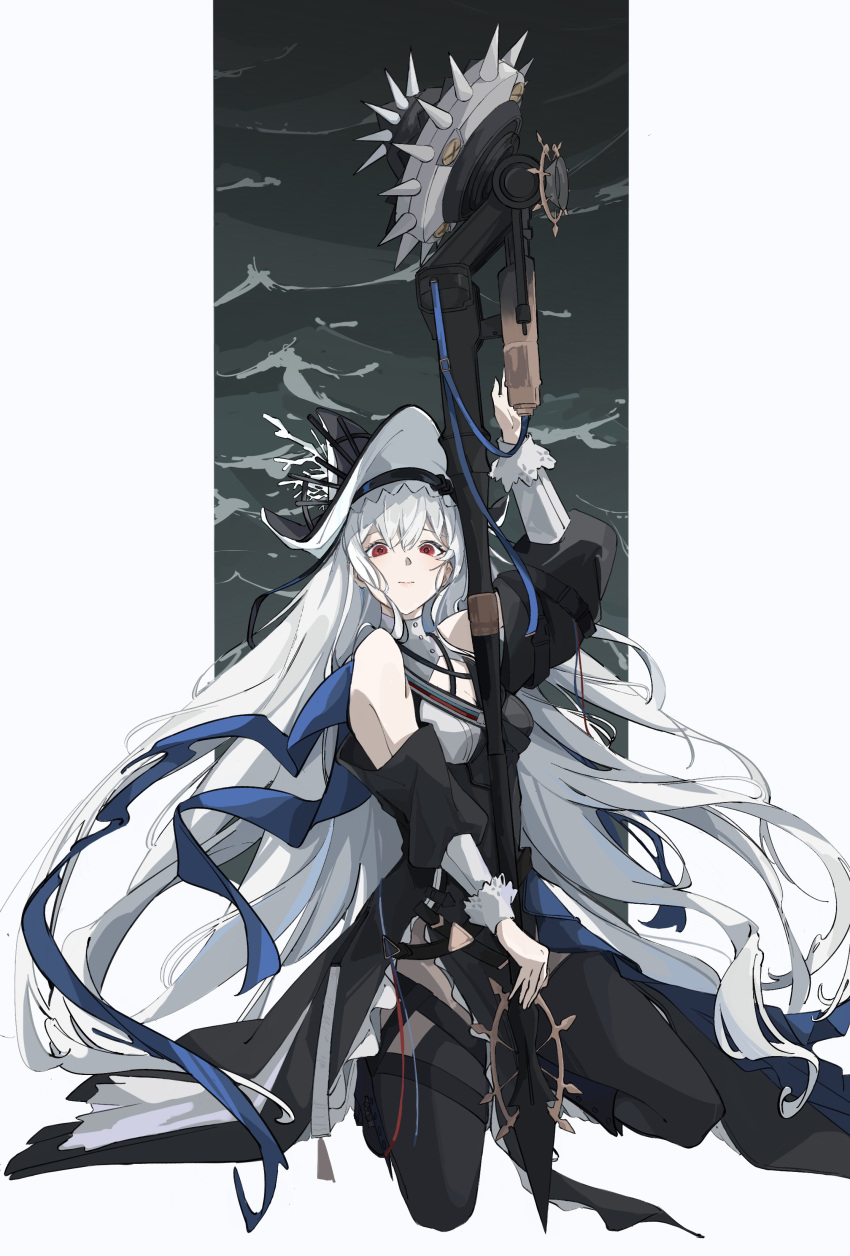 1girl, absurdres, adesu_(gekkahyouzin), arknights, bare_shoulders, black_dress, black_headwear, black_pantyhose, breasts, closed_mouth, clothing_cutout, detached_sleeves, dress, grey_hair, hair_between_eyes, hat, highres, holding, holding_weapon, long_hair, long_sleeves, looking_at_viewer, pantyhose, red_eyes, simple_background, solo, specter_(arknights), specter_the_unchained_(arknights), very_long_hair, weapon, white_hair