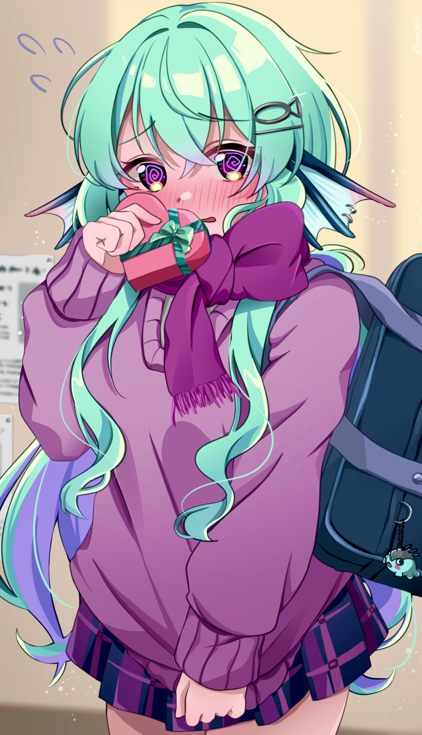 1girl, @_@, bag, blush, box, box_of_chocolates, clothes_tug, commentary, earrings, finana_ryugu, fins, fish_hair_ornament, flying_sweatdrops, gift, green_hair, green_ribbon, hair_between_eyes, hair_ornament, head_fins, heart-shaped_box, highres, holding, holding_gift, jewelry, kano3, long_hair, looking_at_viewer, nijisanji, nijisanji_en, pink_eyes, pleated_skirt, purple_scarf, purple_sweater, ribbon, scarf, school_bag, skirt, solo, sweater, sweater_tug, symbol-only_commentary, valentine, very_long_hair, virtual_youtuber