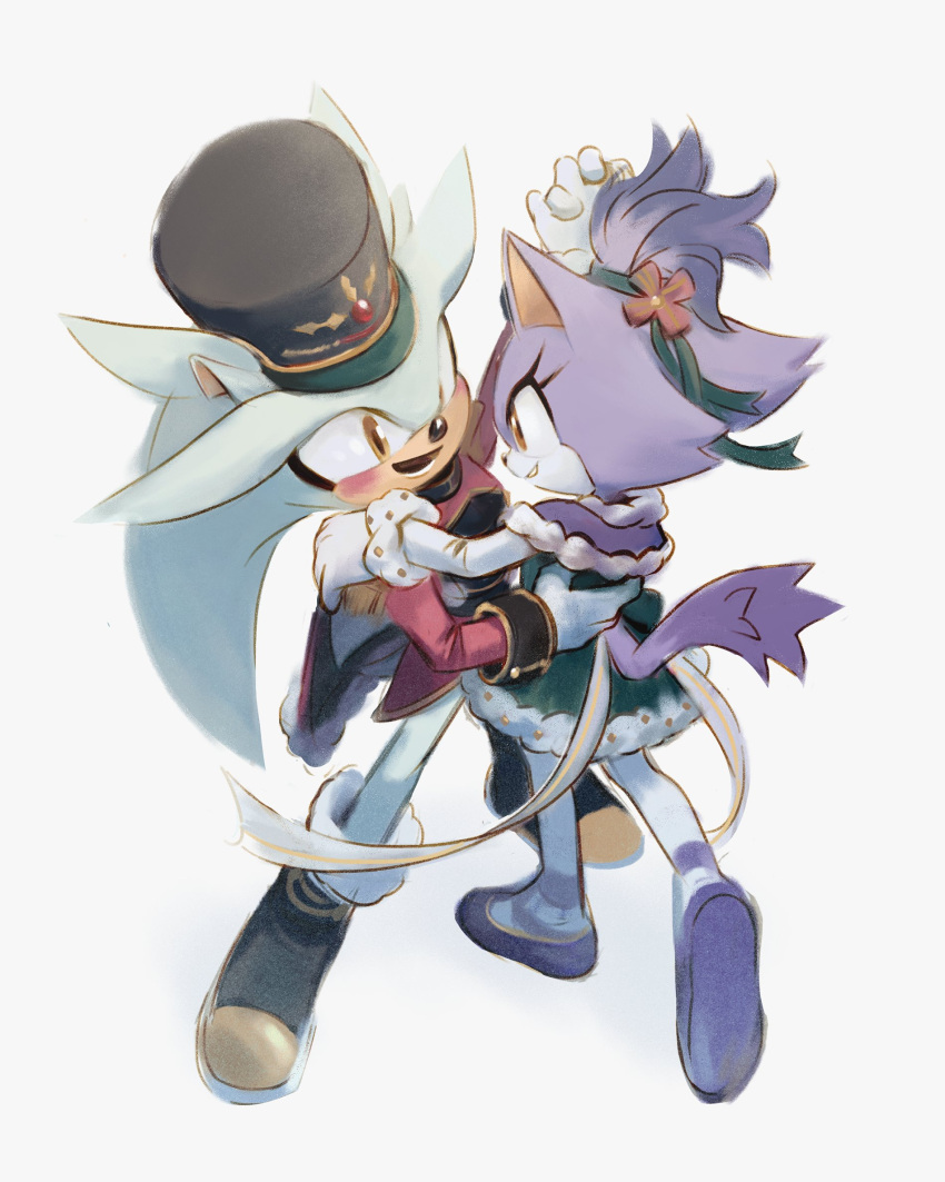 1boy, 1girl, alternate_costume, animal_ears, animal_nose, arm_up, black_footwear, black_headwear, blaze_the_cat, blush, boots, brown_eyes, capelet, cat_ears, cat_girl, cat_tail, commentary, cosplay, dancing, dress, eyelashes, forehead_jewel, full_body, fur-trimmed_capelet, fur-trimmed_footwear, fur-trimmed_jacket, fur_trim, furry, furry_female, furry_male, gem, gloves, green_dress, grey_fur, hand_on_another's_shoulder, hand_up, hat, hedgehog, hedgehog_ears, hedgehog_tail, highres, holding, holding_hands, jacket, long_sleeves, looking_at_another, miijiu, open_mouth, pantyhose, purple_capelet, purple_footwear, purple_fur, red_gemstone, red_jacket, shoes, silver_the_hedgehog, simple_background, smile, sonic_(series), standing, symbol-only_commentary, tail, tape, teeth, the_nutcracker, the_nutcracker_(character), the_nutcracker_(character)_(cosplay), topknot, white_background, white_gloves, white_pantyhose