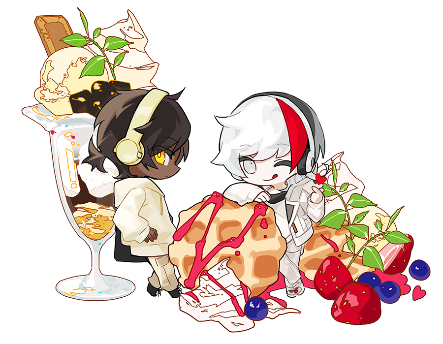 2boys, ;p, alternate_costume, arknights, black_footwear, black_hair, blueberry, chibi, commentary, cookie, dark-skinned_male, dark_skin, elysium_(arknights), food, fruit, full_body, grey_eyes, headphones, hood, hoodie, ice_cream, jacket, long_sleeves, looking_at_viewer, male_focus, multicolored_hair, multiple_boys, nsi_(2312_0120), one_eye_closed, open_clothes, open_jacket, pants, parfait, redhead, shirt, short_hair, short_ponytail, simple_background, smile, strawberry, thorns_(arknights), tongue, tongue_out, waffle, whipped_cream, white_background, white_footwear, white_hair, white_hoodie, white_pants, white_shirt, yellow_eyes