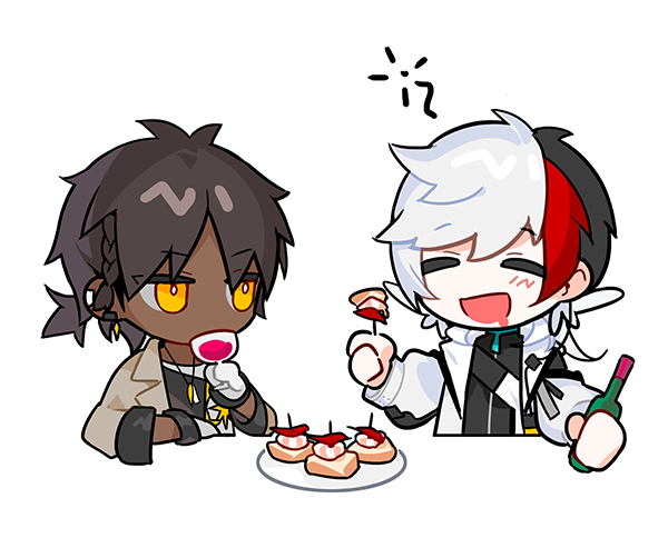 2boys, arknights, black_hair, black_shirt, bottle, bright_pupils, brown_jacket, chibi, closed_eyes, commentary, cup, dark-skinned_male, dark_skin, drinking, drinking_glass, drooling, eating, elysium_(arknights), feather_hair, food, food_request, gloves, hand_up, holding, holding_bottle, holding_cup, jacket, jewelry, looking_at_viewer, male_focus, multicolored_hair, multiple_boys, necklace, nsi_(2312_0120), open_mouth, plate, redhead, shirt, short_hair, short_ponytail, simple_background, thorns_(arknights), undershirt, white_background, white_gloves, white_hair, white_jacket, white_pupils, white_shirt, wine_bottle, wine_glass, yellow_eyes