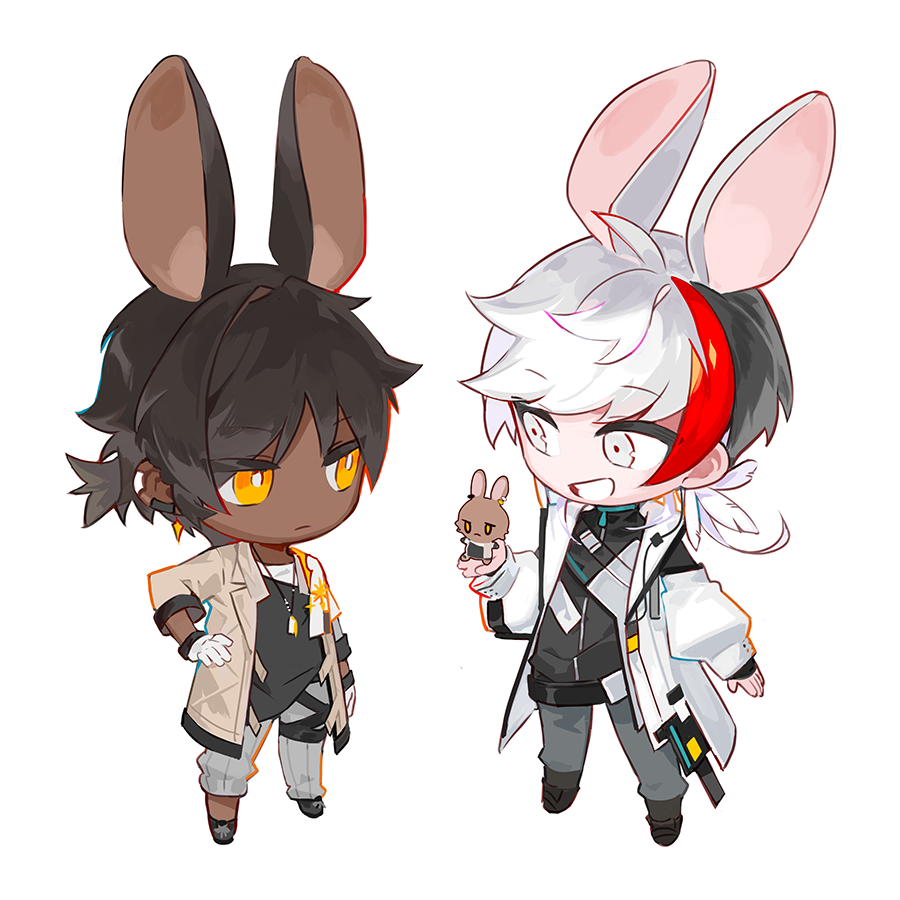 2boys, animal_ears, arknights, black_footwear, black_hair, black_shirt, bright_pupils, brown_coat