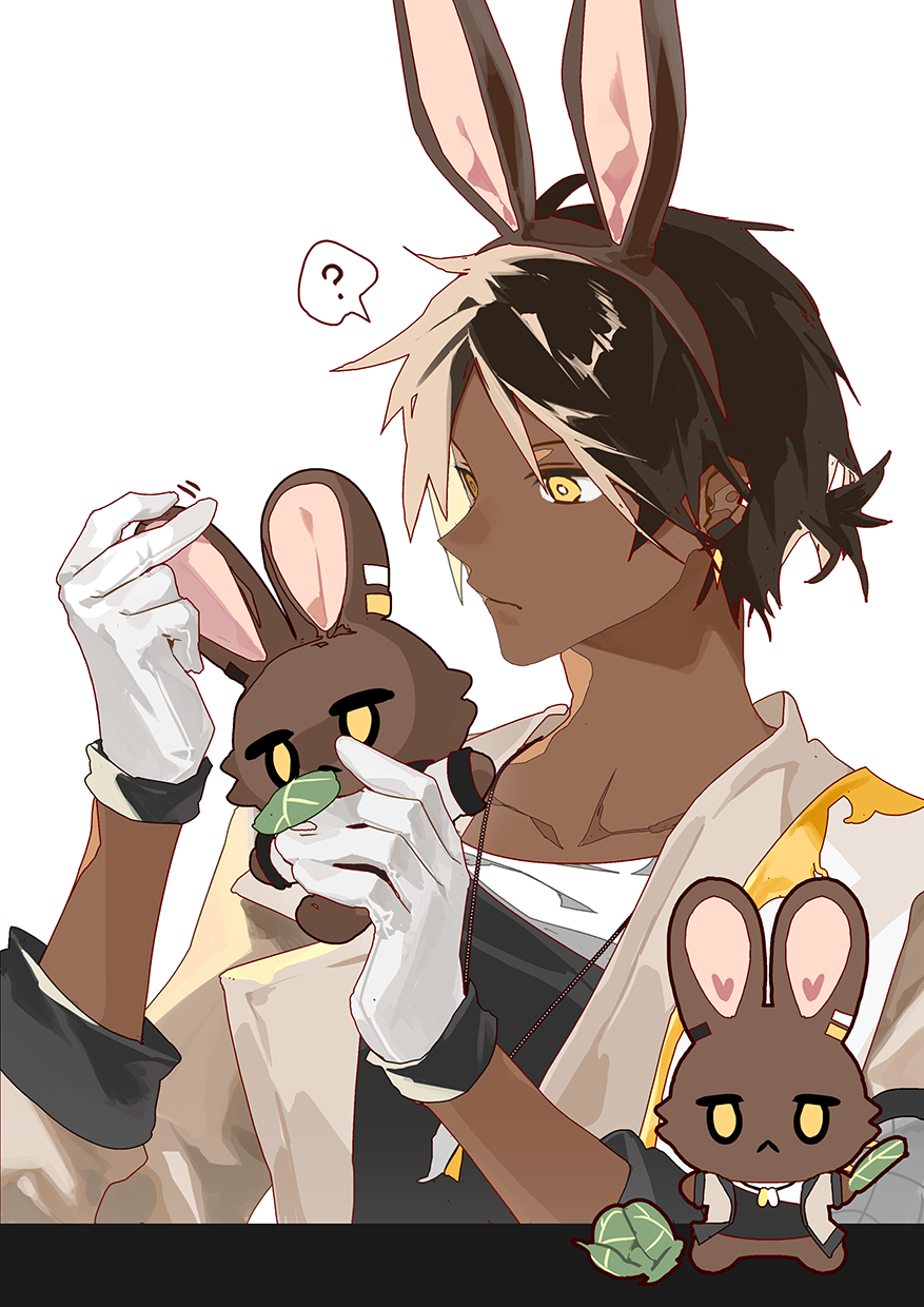 1boy, ?, animal_ears, arknights, black_hair, black_shirt, brown_jacket, choshanland_plushy_(arknights)