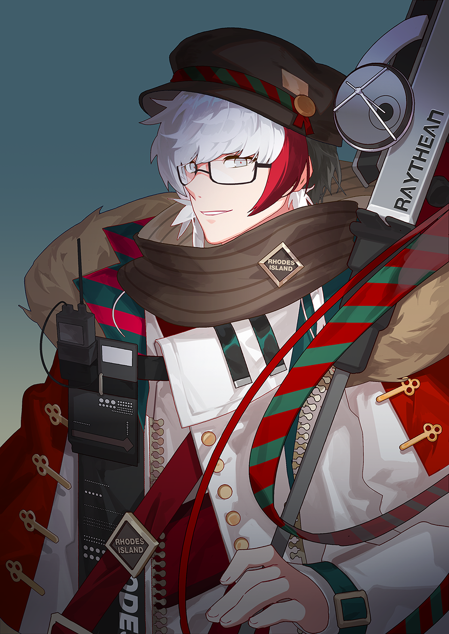 1boy, arknights, bespectacled, black_hair, black_headwear, blue_background, capelet, commentary