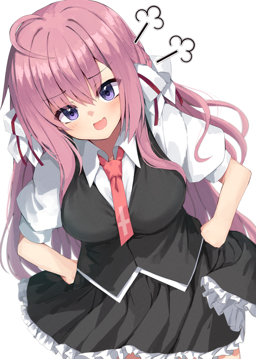 1girl, :d, absurdres, ahoge, black_skirt, blurry, blush, breasts