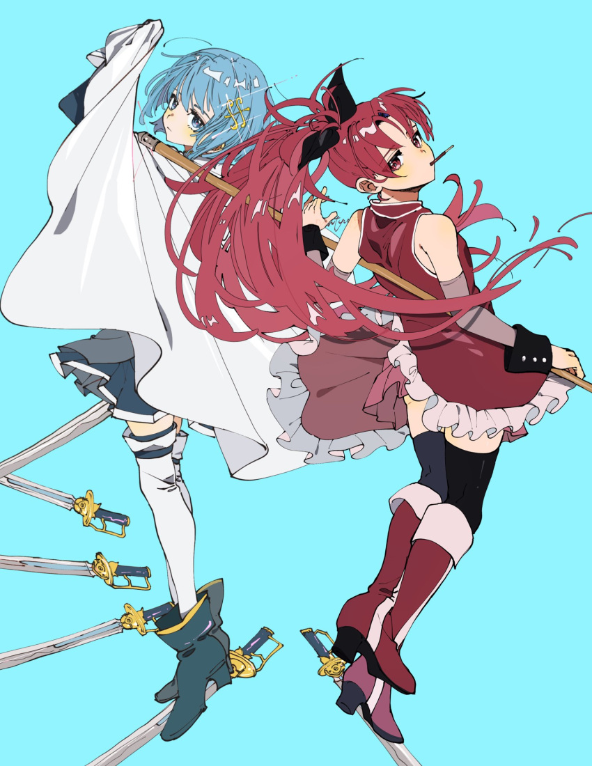 2girls, blue_background, blue_eyes, blue_hair, blue_skirt, cape, cape_lift, dress