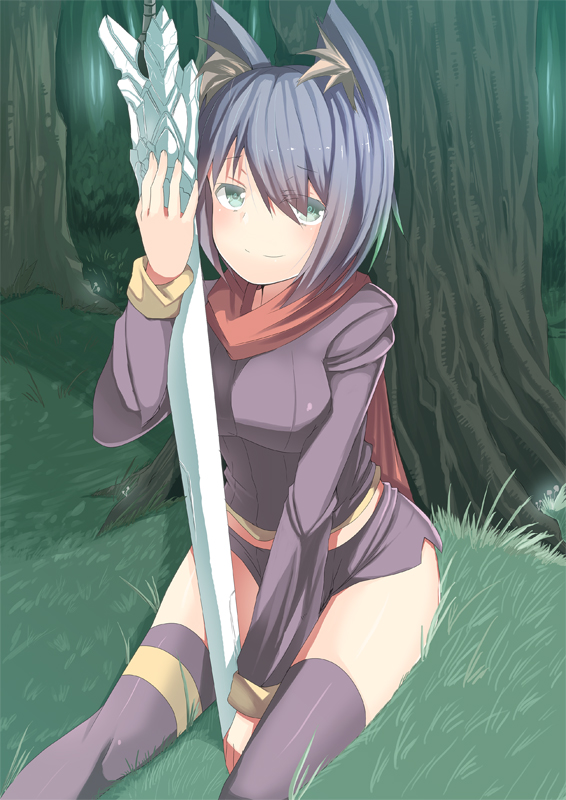 bad_id, black_hair, cat_ears, forest, green_eyes, johnny_funamushi, kiki_(koba), nature, original, scarf, short_hair, shorts, sitting, sword, thigh-highs, thighhighs, weapon, zettai_ryouiki