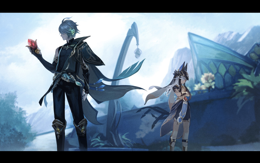 2boys, absurdres, ahoge, akasha_terminal, alhaitham_(genshin_impact), animal_ears, animal_hat, anna_(drw01)