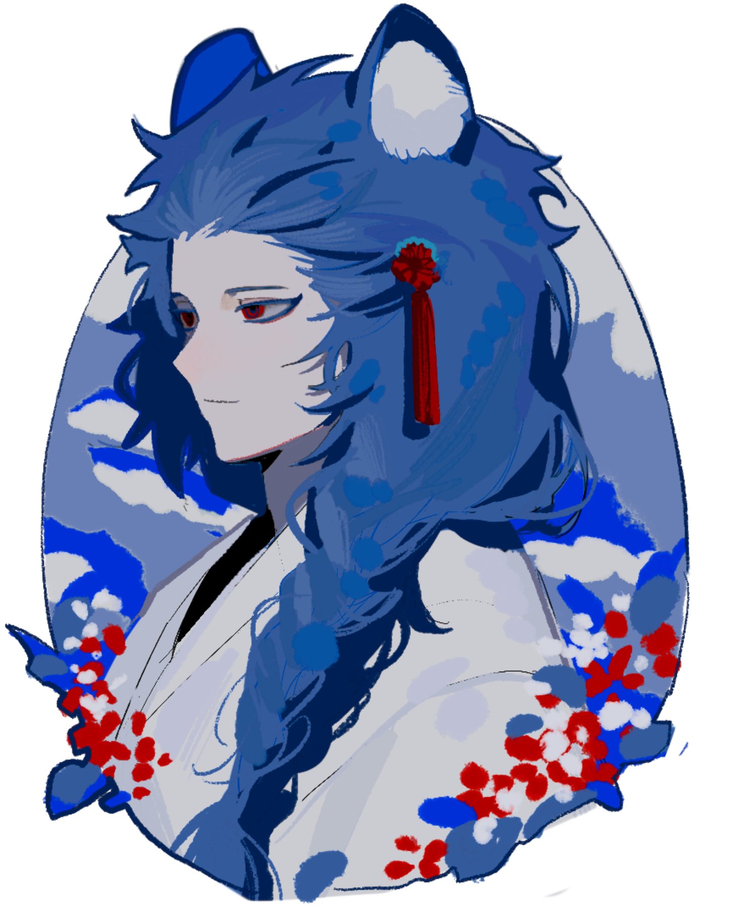 1boy, animal_ear_fluff, animal_ears, blue_background, blue_hair, braid, cat_boy, cat_ears