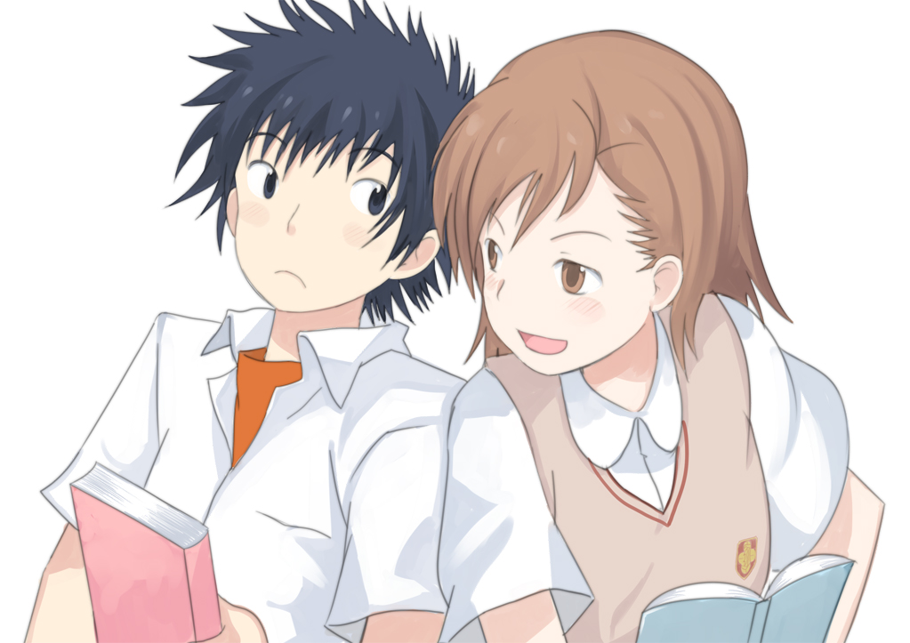 book, brown_eyes, brown_hair, kamijou_touma, misaka_mikoto, school_uniform, to_aru_kagaku_no_railgun, to_aru_majutsu_no_index