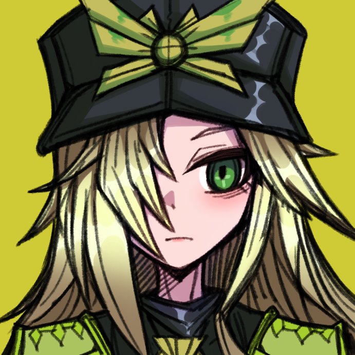 1girl, black_headwear, black_souls, blonde_hair, closed_mouth, commentary, frown, green_eyes