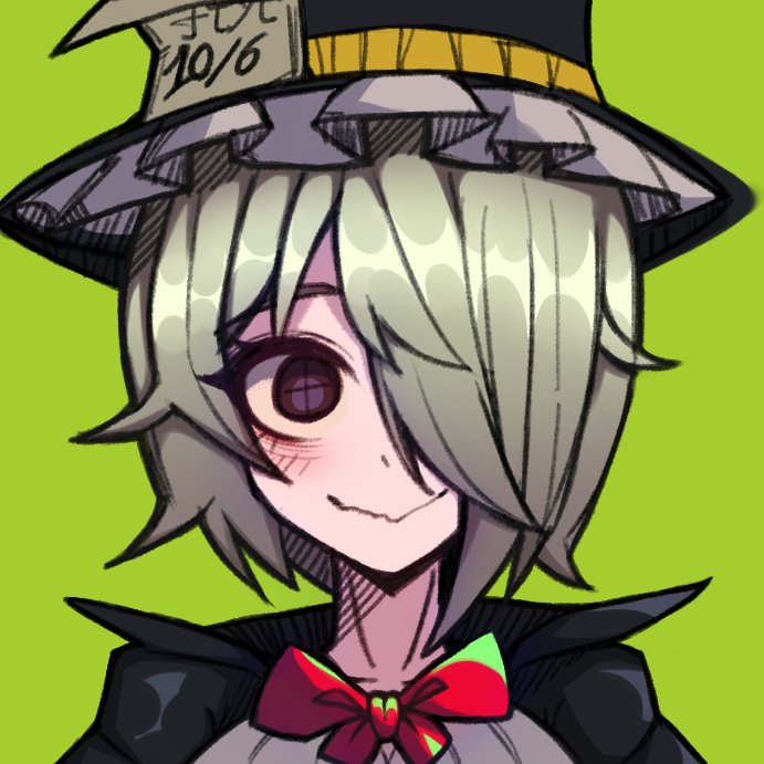 1girl, black_headwear, black_souls, bow, bowtie, closed_mouth, commentary, cross-shaped_pupils