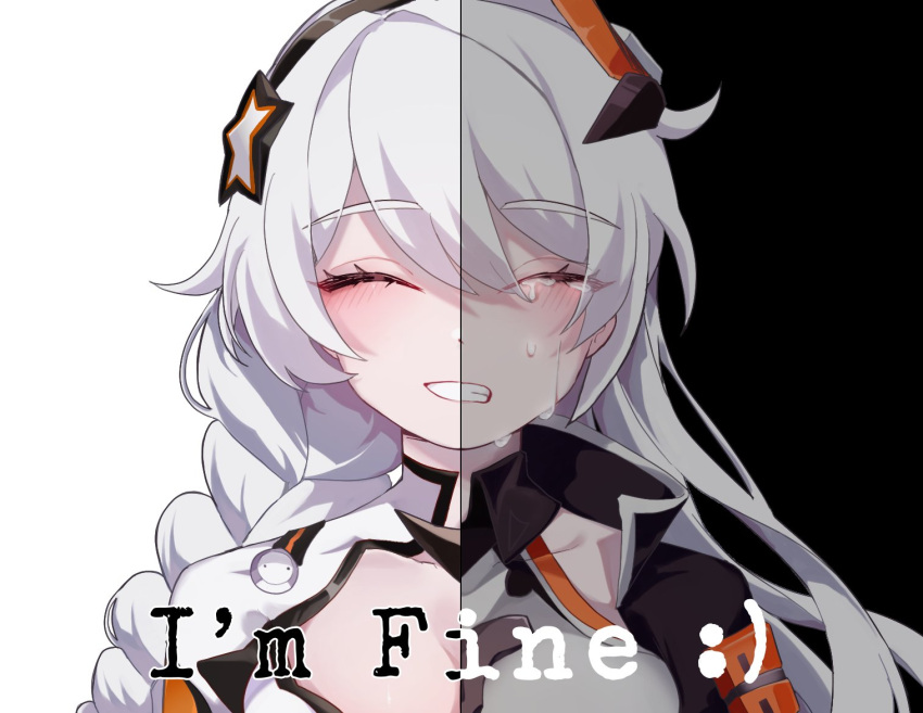 1girl, black_background, braid, closed_eyes, commentary_request, crying, dduehddueh, english_text, hair_ornament, happy, honkai_(series), honkai_impact_3rd, kiana_kaslana, kiana_kaslana_(void_drifter), kiana_kaslana_(white_comet), korean_commentary, sad, simple_background, smile, solo, star_(symbol), star_hair_ornament, tears, upper_body, white_background, white_hair