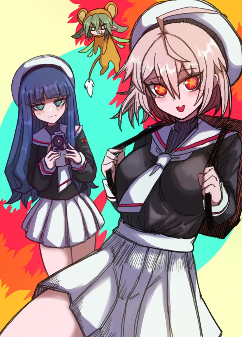 3girls, :d, backpack, bag, beret, black_shirt, black_souls, blue_eyes